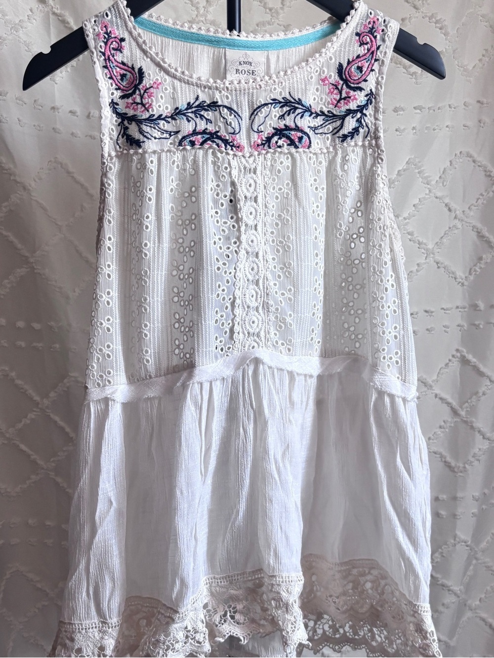Knox Rose White Eyelet Embroidered Boho Tunic Dress Lace Hem Small